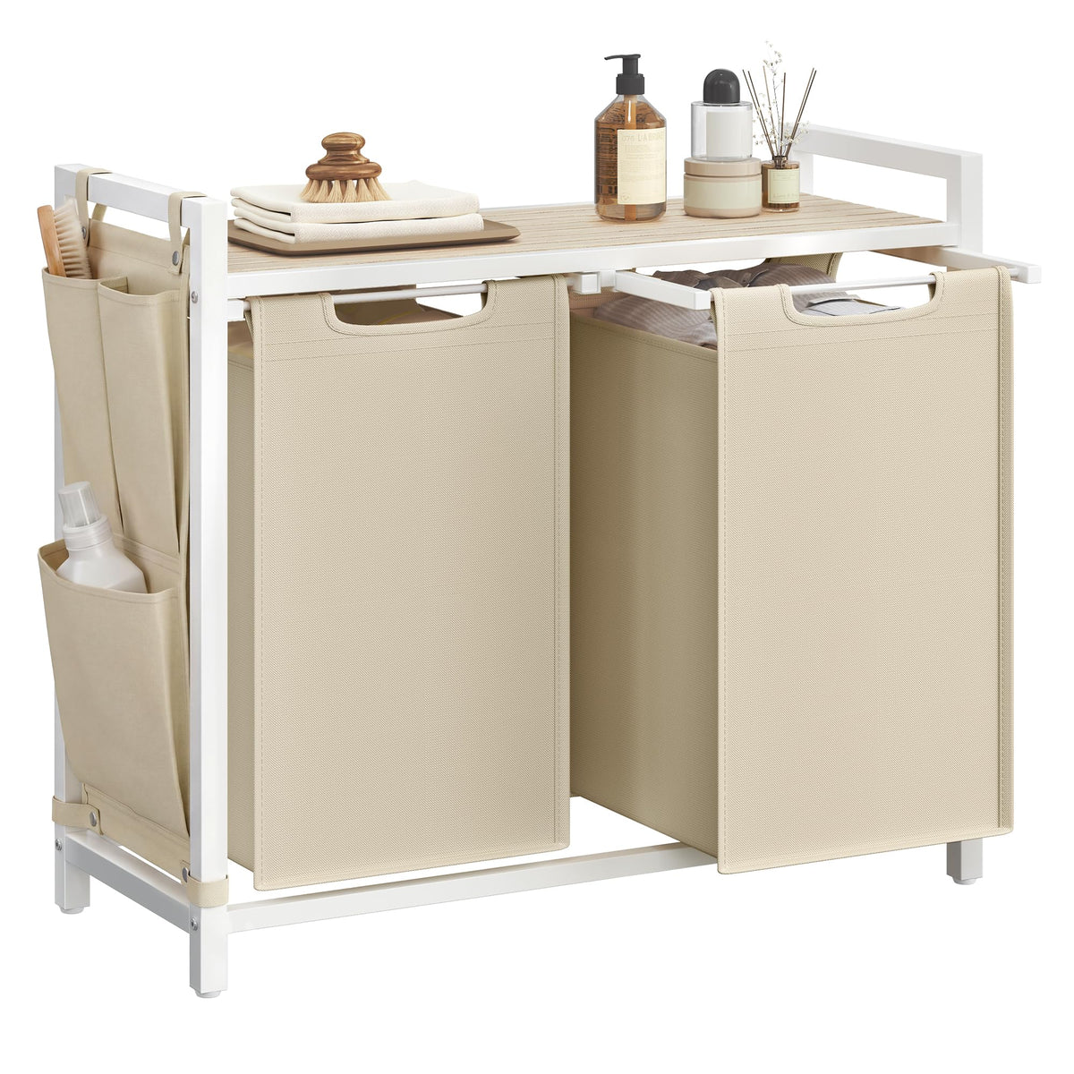 VASAGLE front view of hamper showing two compartments and shelf, helps organize laundry