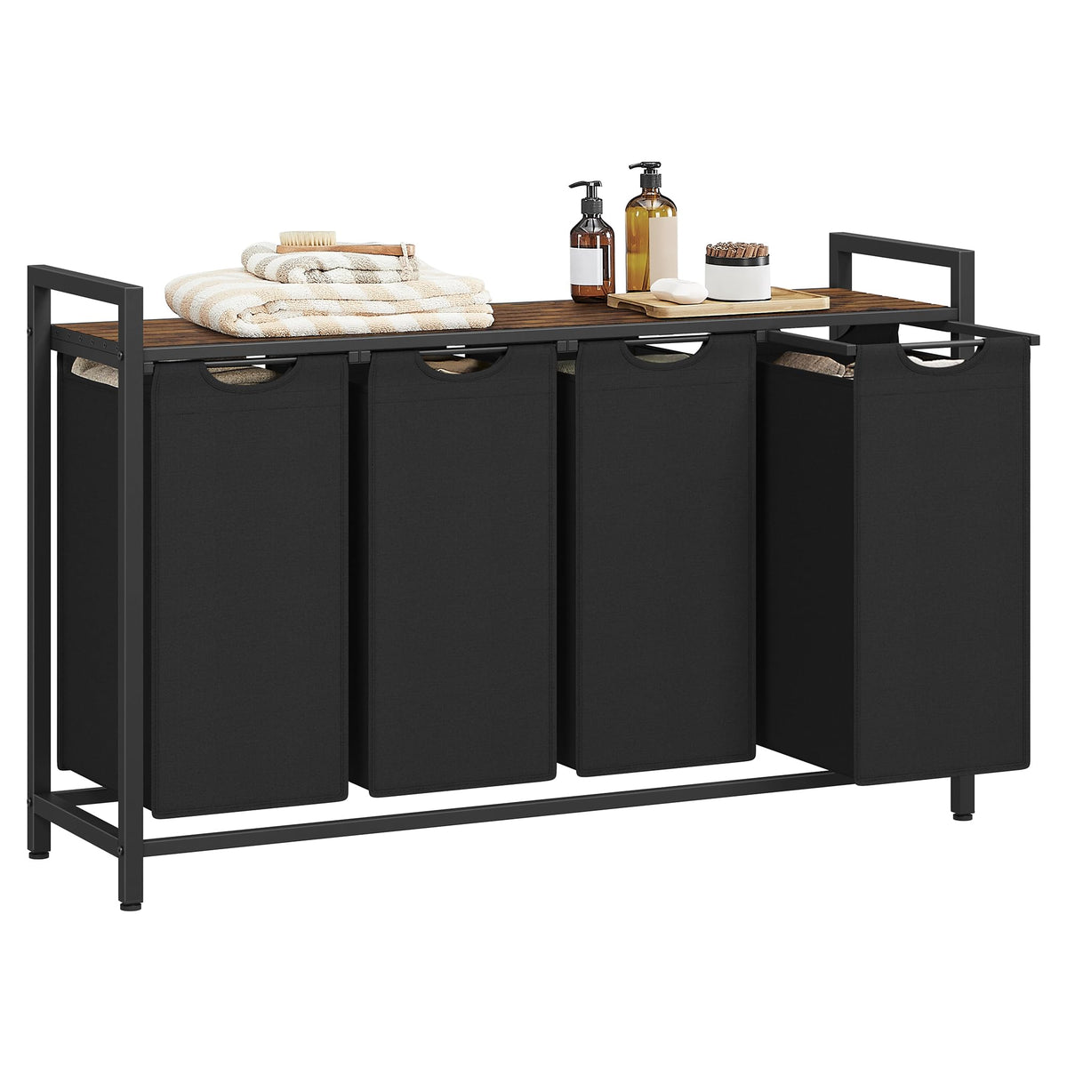 VASAGLE hamper front view showing shelf and four compartments for tidy sorting