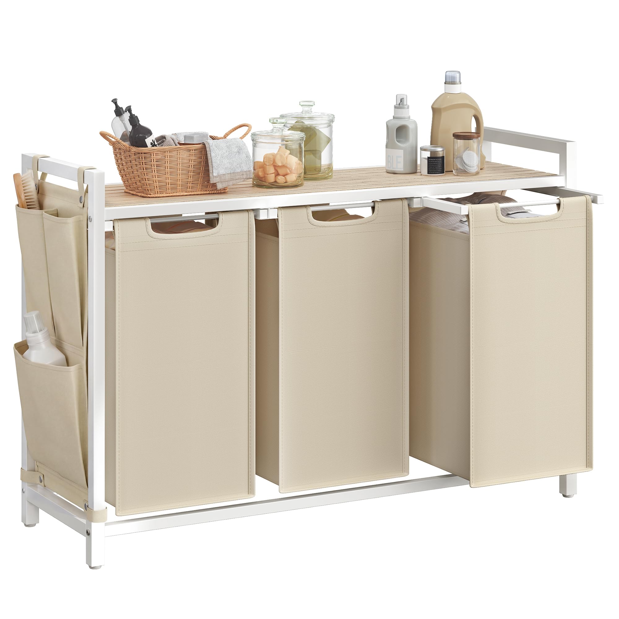 VASAGLE front view of laundry hamper showing three compartments and shelf, easy organization