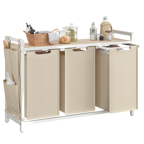 VASAGLE front view of laundry hamper showing three compartments and shelf, easy organization
