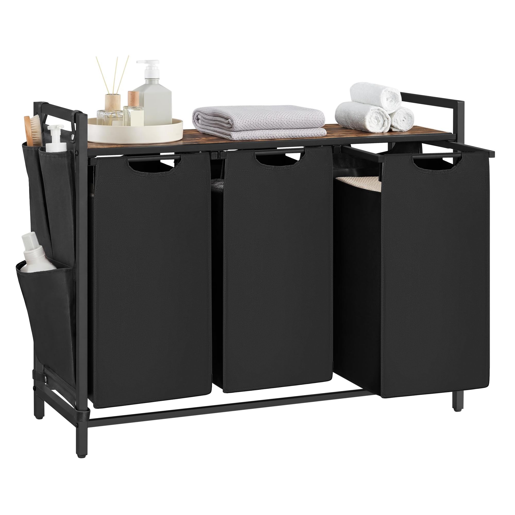 VASAGLE front view of three-compartment hamper showing organized sorting benefit
