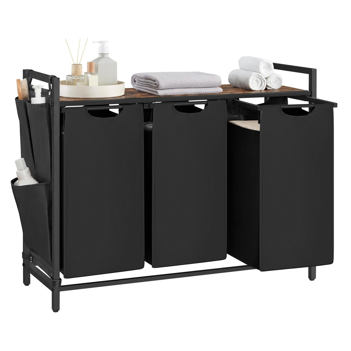 VASAGLE front view of three-compartment hamper showing organized sorting benefit