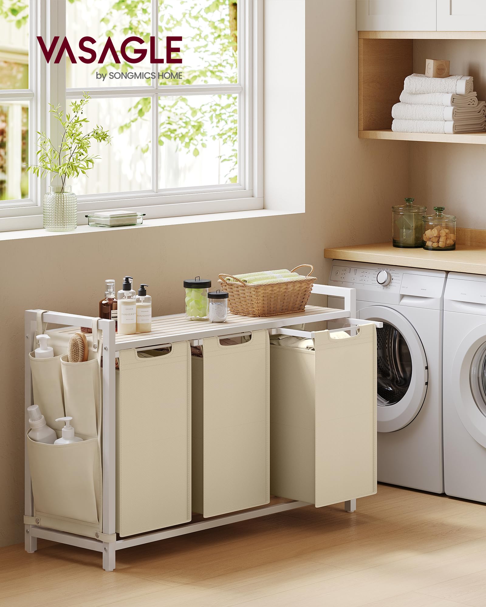 VASAGLE close-up of slatted top shelf supporting folded towels, airflow benefit