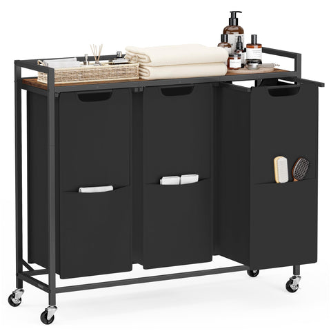 VASAGLE front view showing three-bag sorter and tidy organization benefit