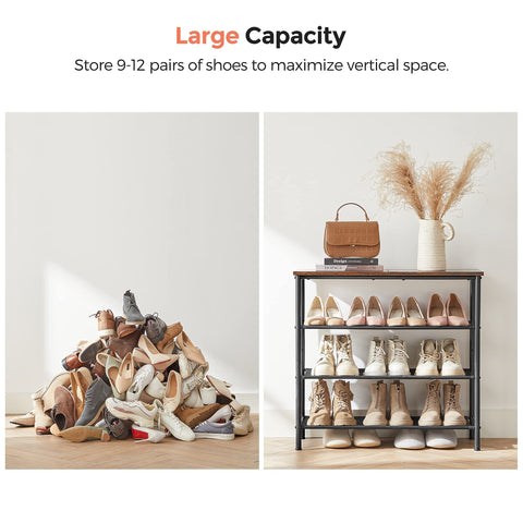 VASAGLE rack loaded with mixed shoes illustrating capacity and easy access