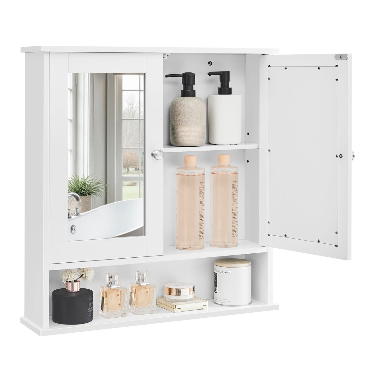 VASAGLE mirrored doors front view showing tidy storage and grooming benefit