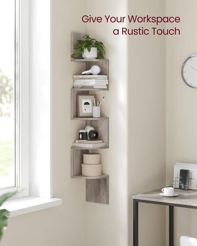 VASAGLE five-tier shelf with styled decor showing versatile display and organization