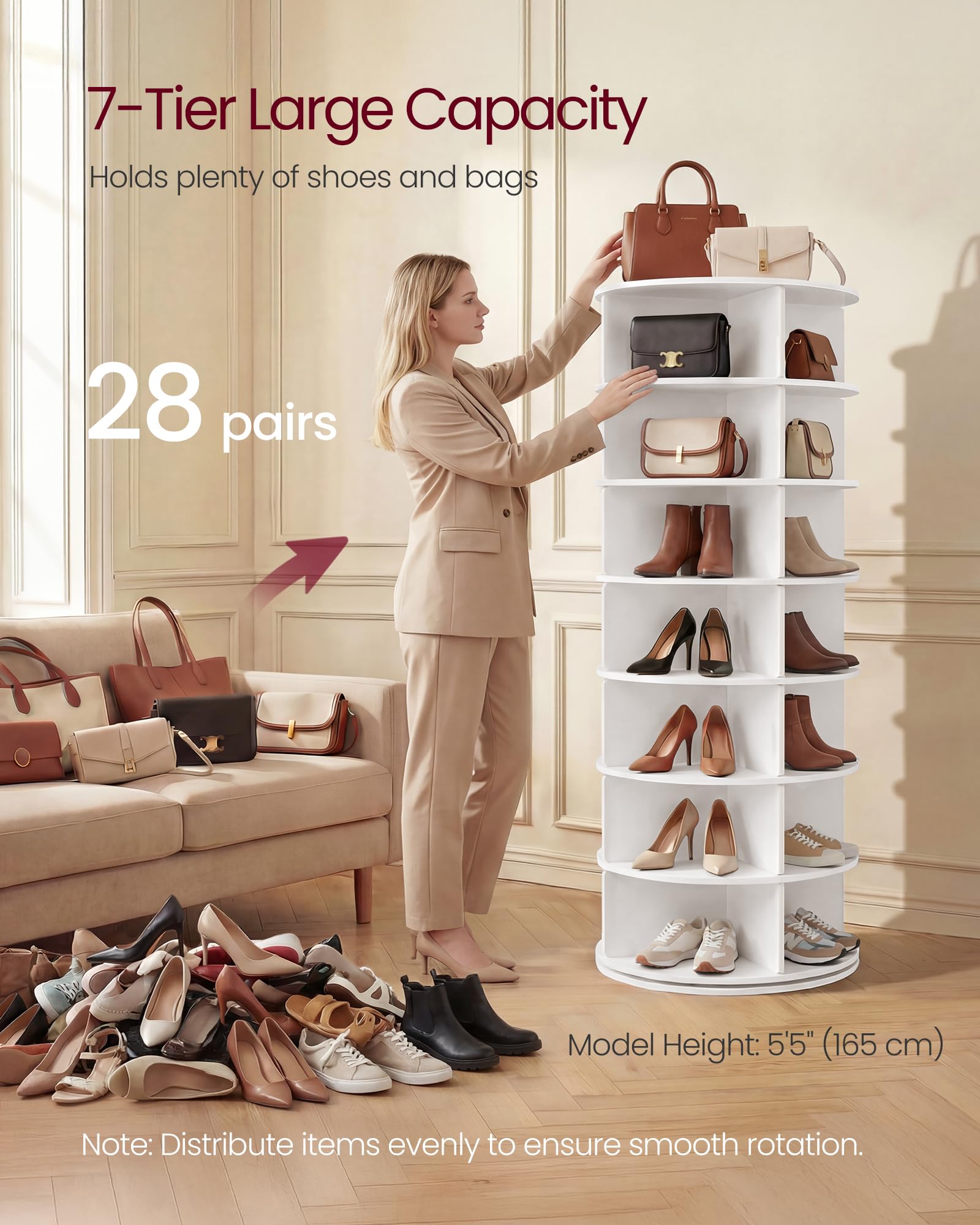 VASAGLE rotating shoe tower being spun to access shoes quickly and easily