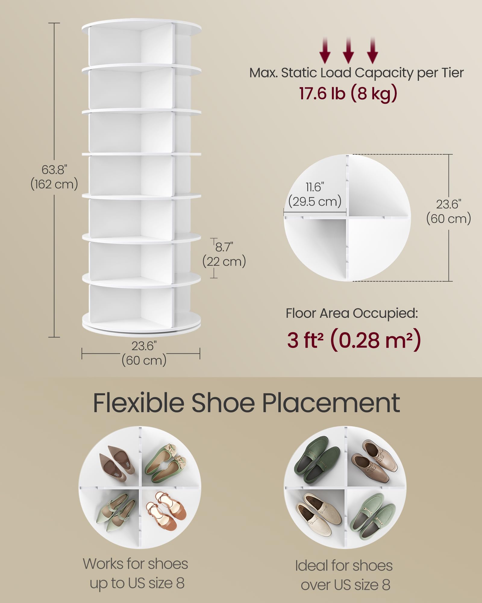 VASAGLE shoe rack next to table showing 63.8 inch height and space advantage