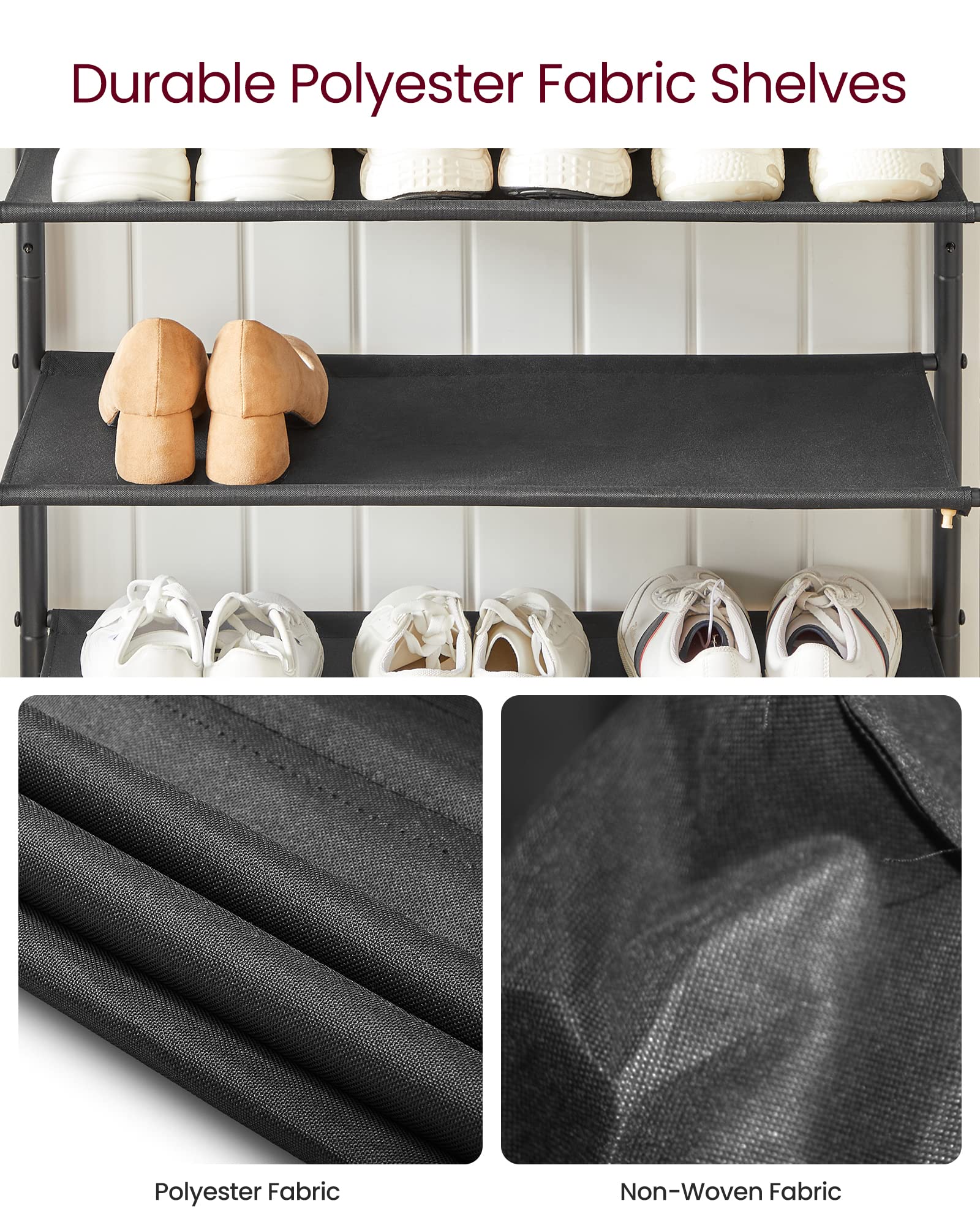 VASAGLE rack holding boots and heels showing versatile shoe accommodation
