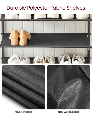 VASAGLE rack holding boots and heels showing versatile shoe accommodation