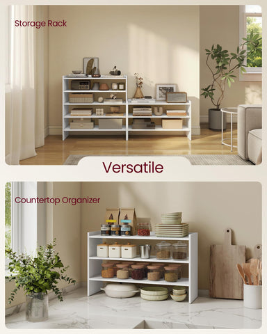 VASAGLE rack next to sneaker illustrating tier clearance and size perspective
