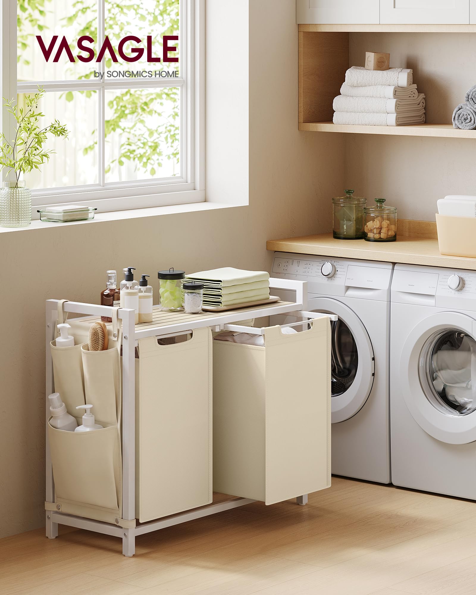 VASAGLE close-up of slatted top shelf, provides airflow and sturdy storage