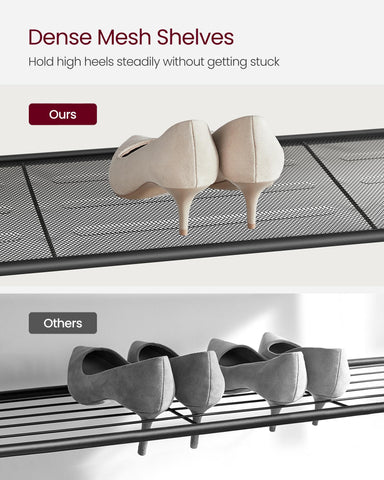 VASAGLE top shelf styled with bag and decor showing extra storage benefit