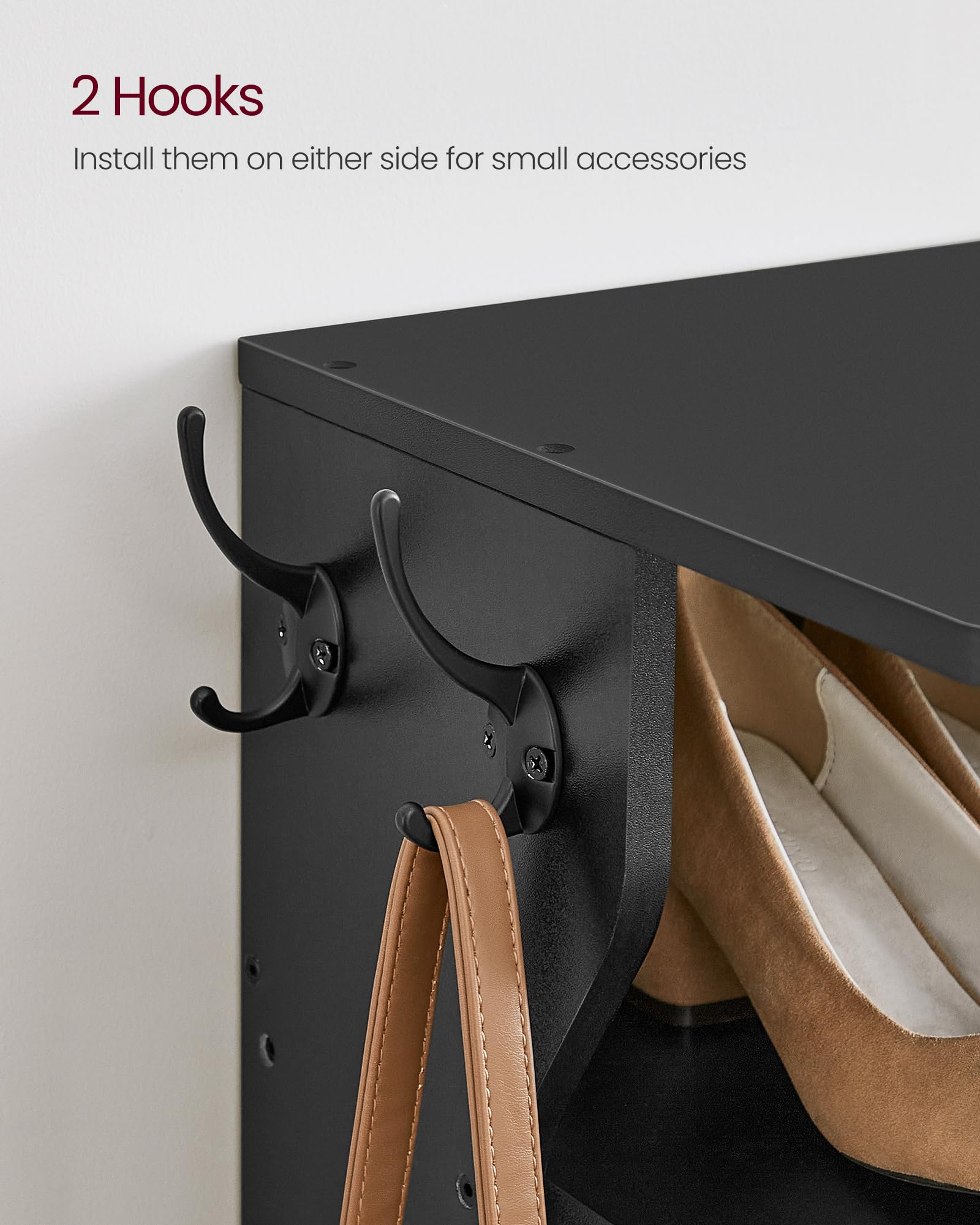 VASAGLE shelves filled with sneakers and boots showing 6.7 inch clearance versatility