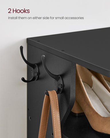 VASAGLE shelves filled with sneakers and boots showing 6.7 inch clearance versatility