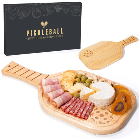 Vastsea pickleball-shaped charcuterie board front view showing serving surface and engraving benefit: eye-catching presentation