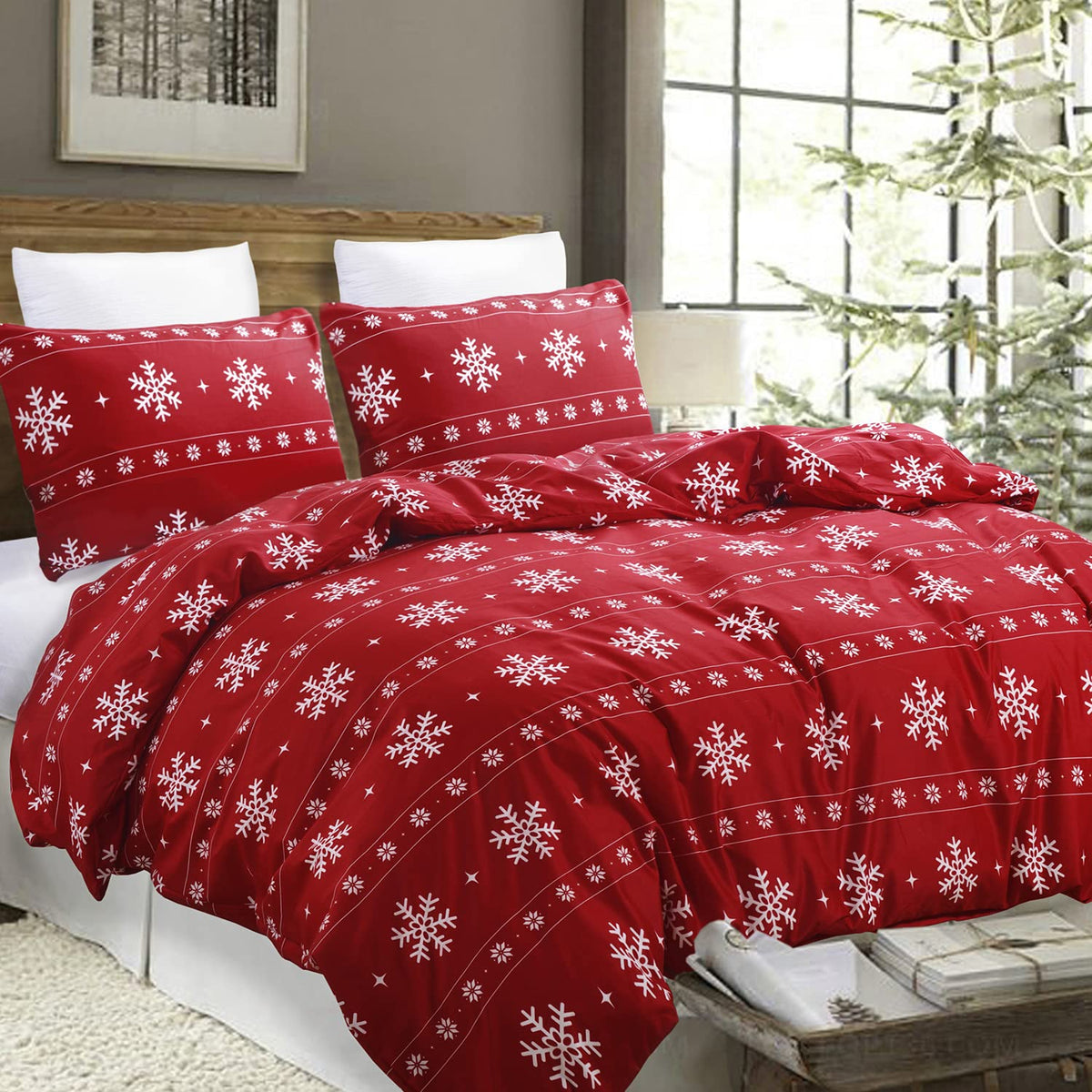 Vaulia front view of red snowflake duvet cover showing festive styling benefit