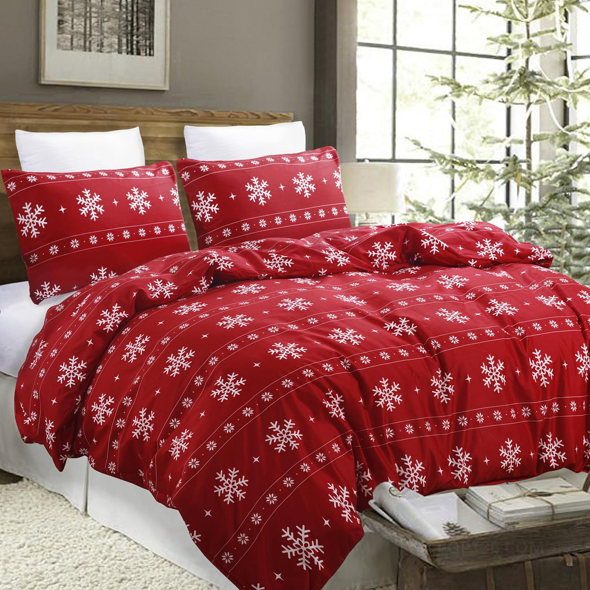 Vaulia red snowflake duvet cover front view showing festive design and cozy appeal