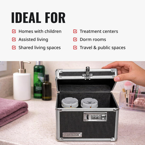 Vaultz beside hand for scale showing compact size ideal for shelves