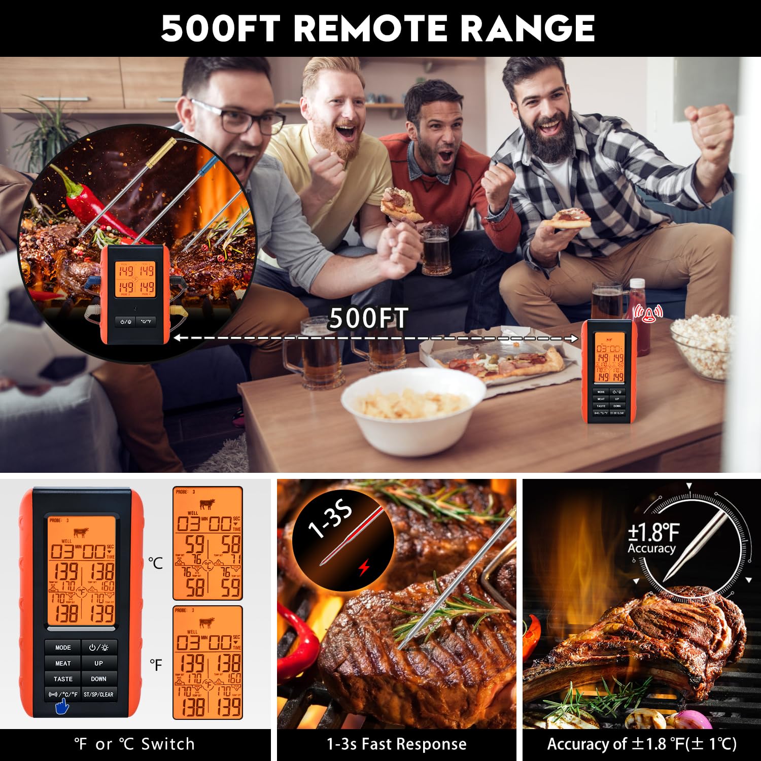 VAUNO probes inserted in grilling steak, simultaneous multi-zone monitoring benefit