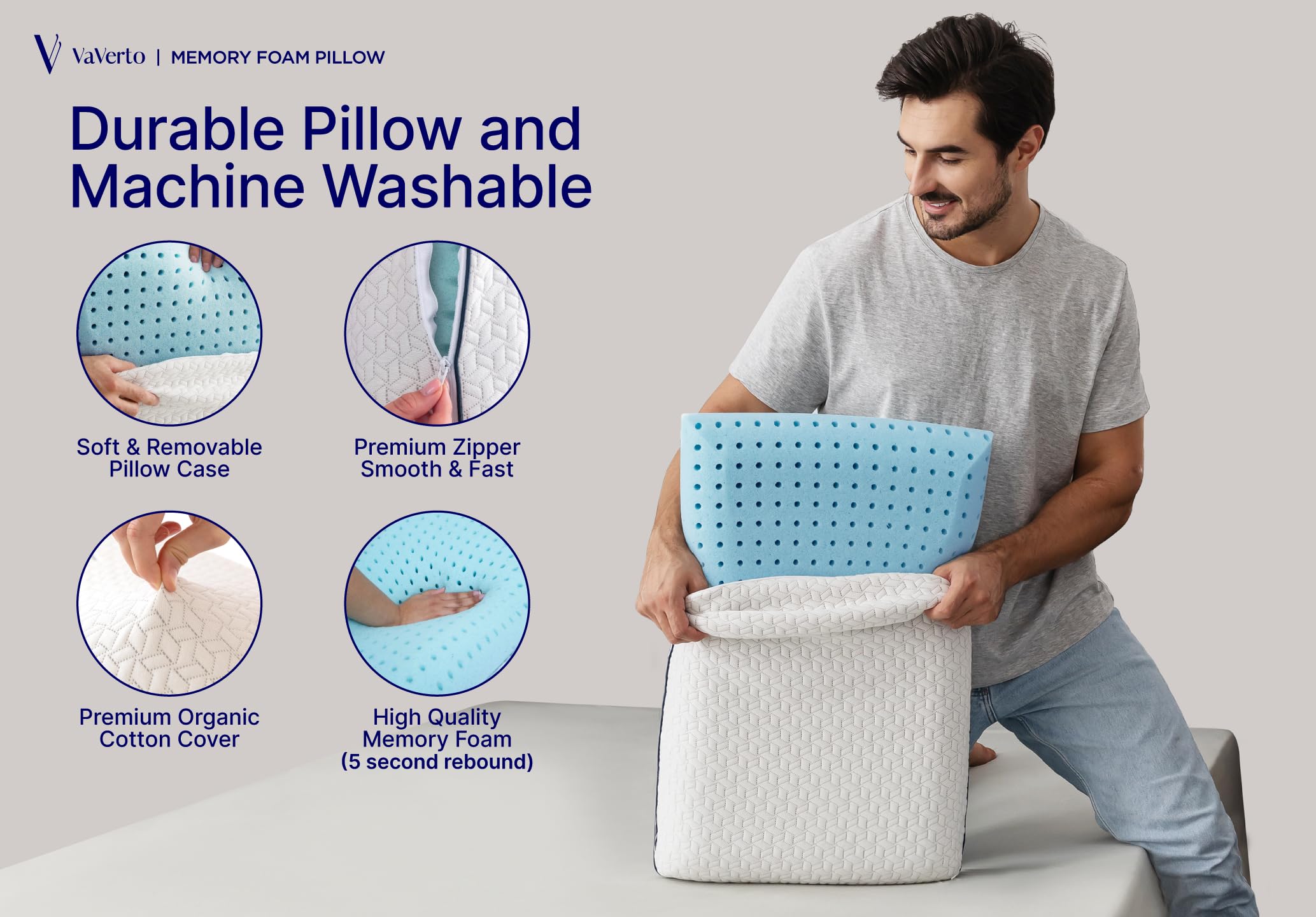 Vaverto bamboo-viscose cover zipper detail highlighting removable, washable convenience