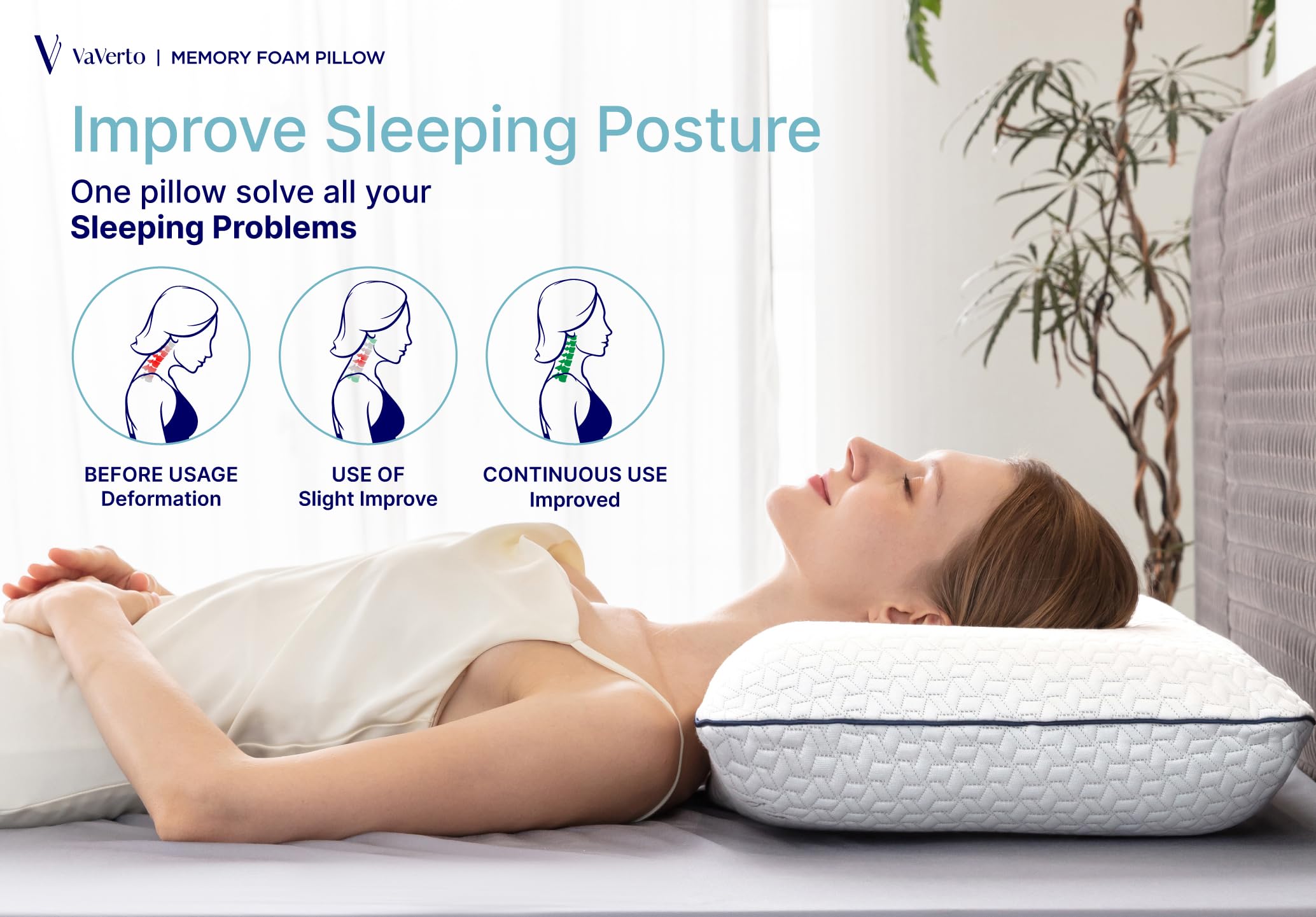 Vaverto pillow in bed lifestyle scene demonstrating comfort and cooler sleep