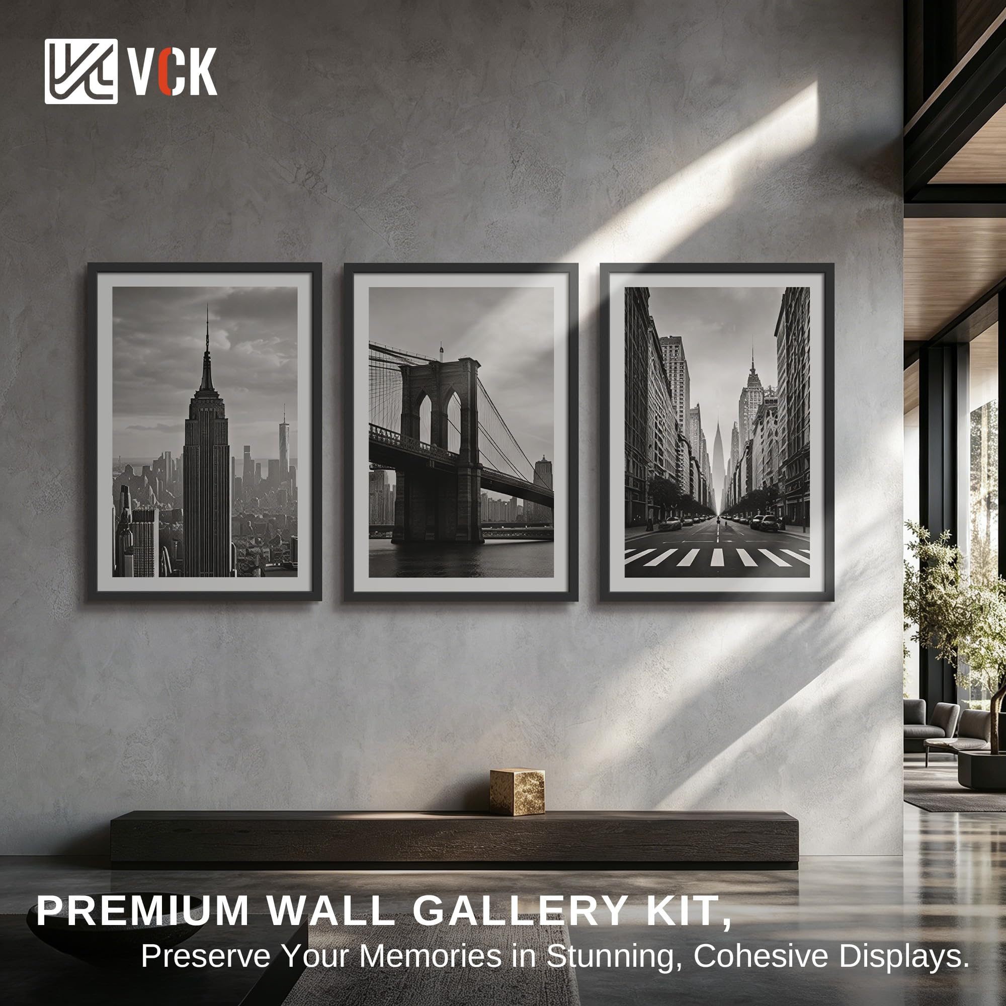 VCK close-up of frame corner highlighting solid wood look and durability benefit