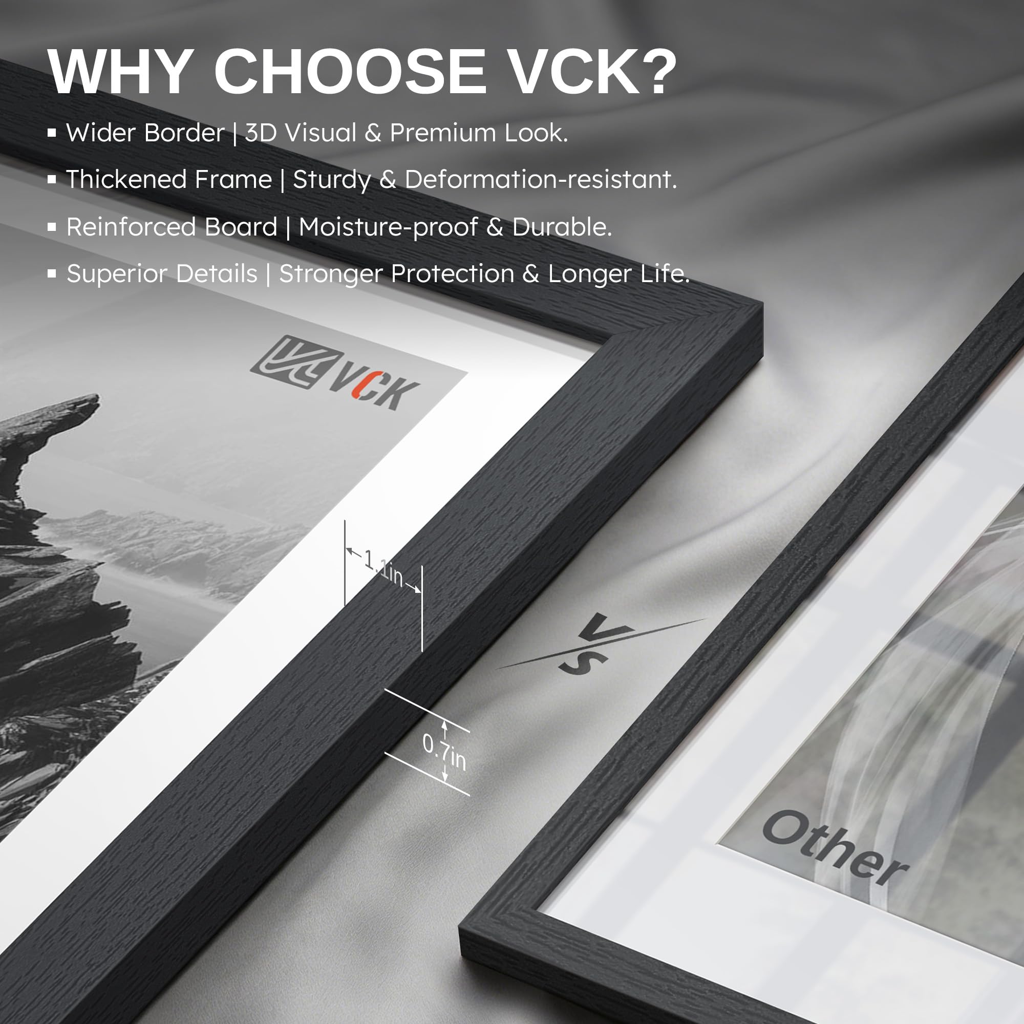 VCK frames arranged on wall gallery showing cohesive styling benefit
