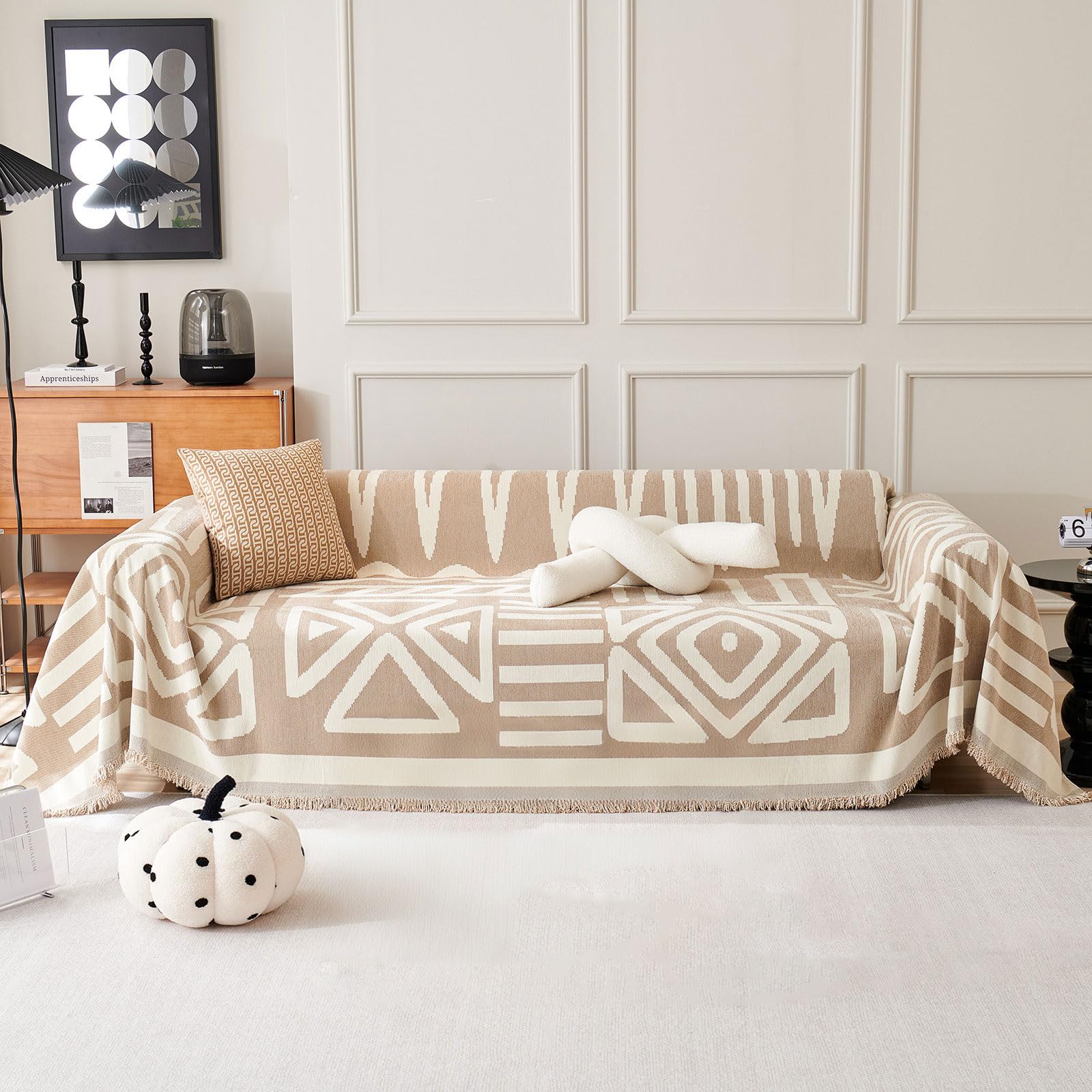 VClife front view of boho couch cover on sofa showing neat fit and style
