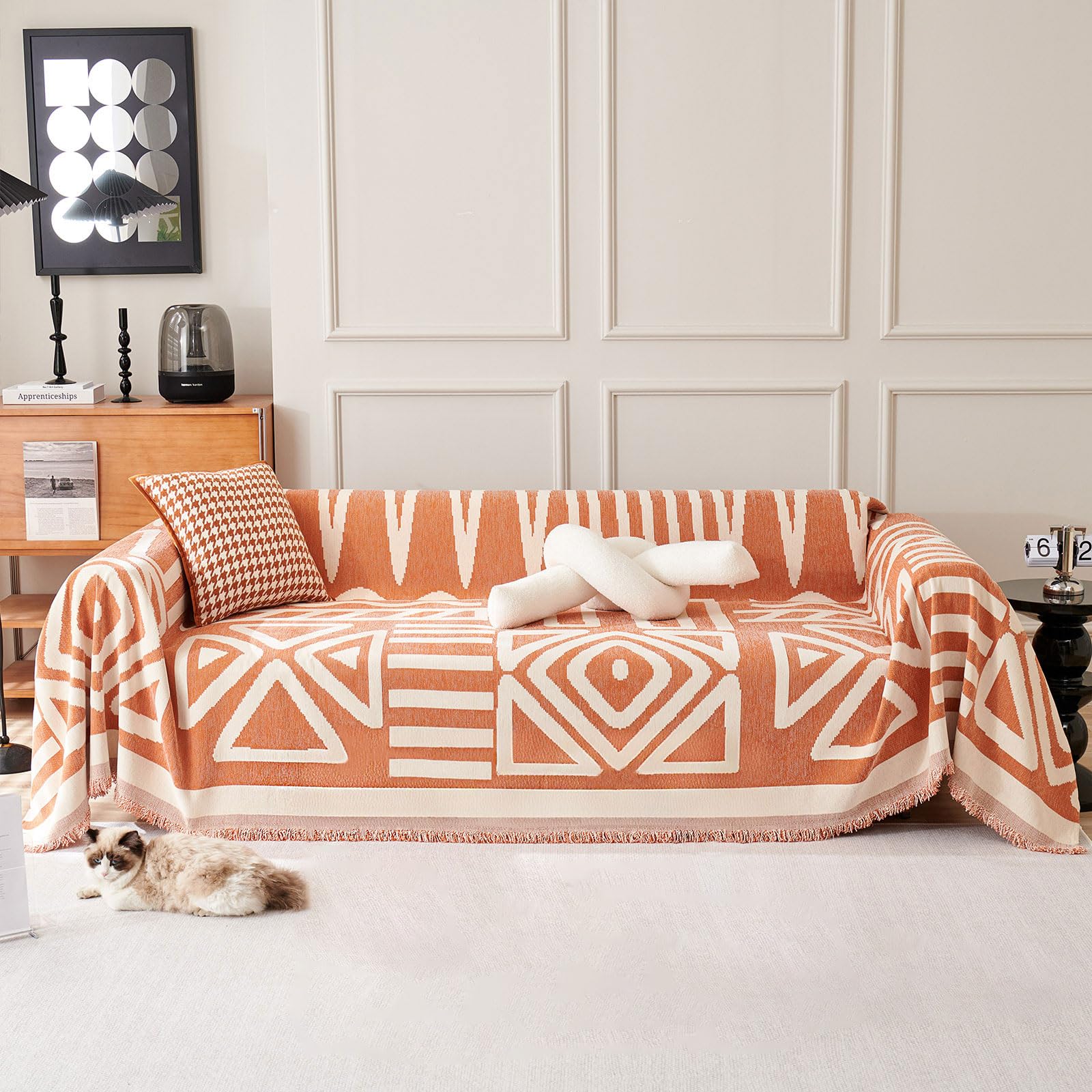 VClife front view of creamy white caramel slipcover showing full sofa coverage and style