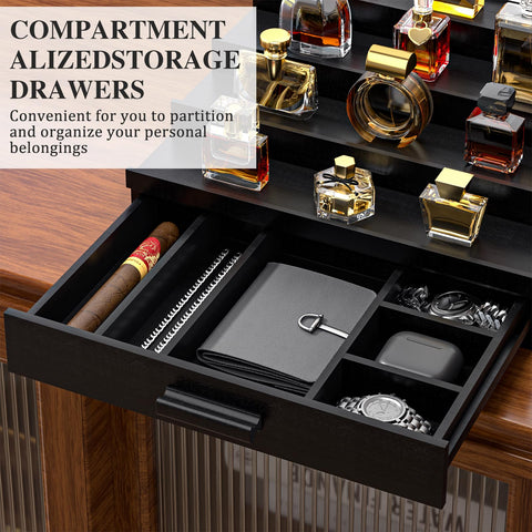 Vdamu drawer open with watches and rings showing secure accessory storage benefit