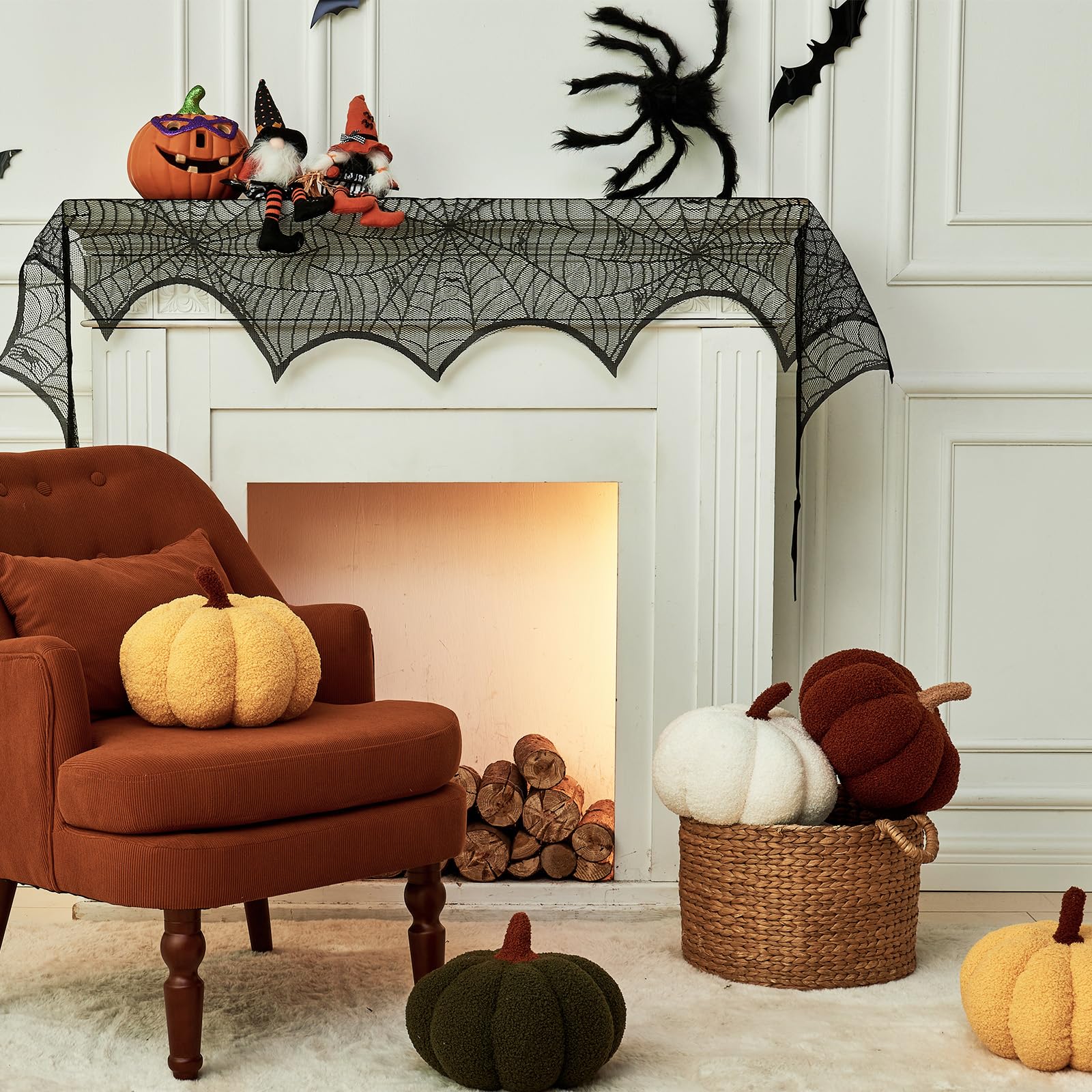 Vdoioe pumpkin pillows arranged in holiday display creating seasonal ambiance