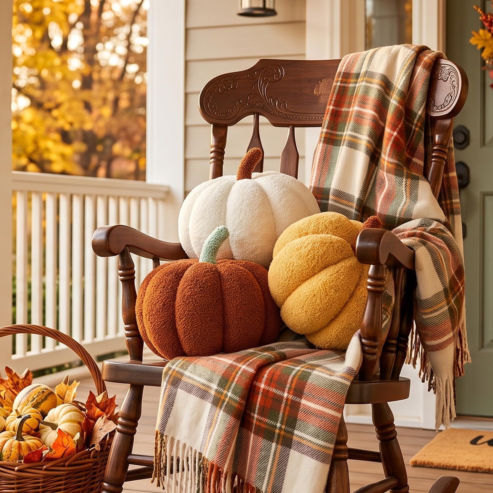 Vdoioe pumpkin pillow next to hand showing scale for size clarity