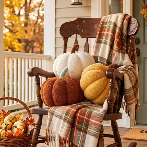 Vdoioe pumpkin pillow next to hand showing scale for size clarity