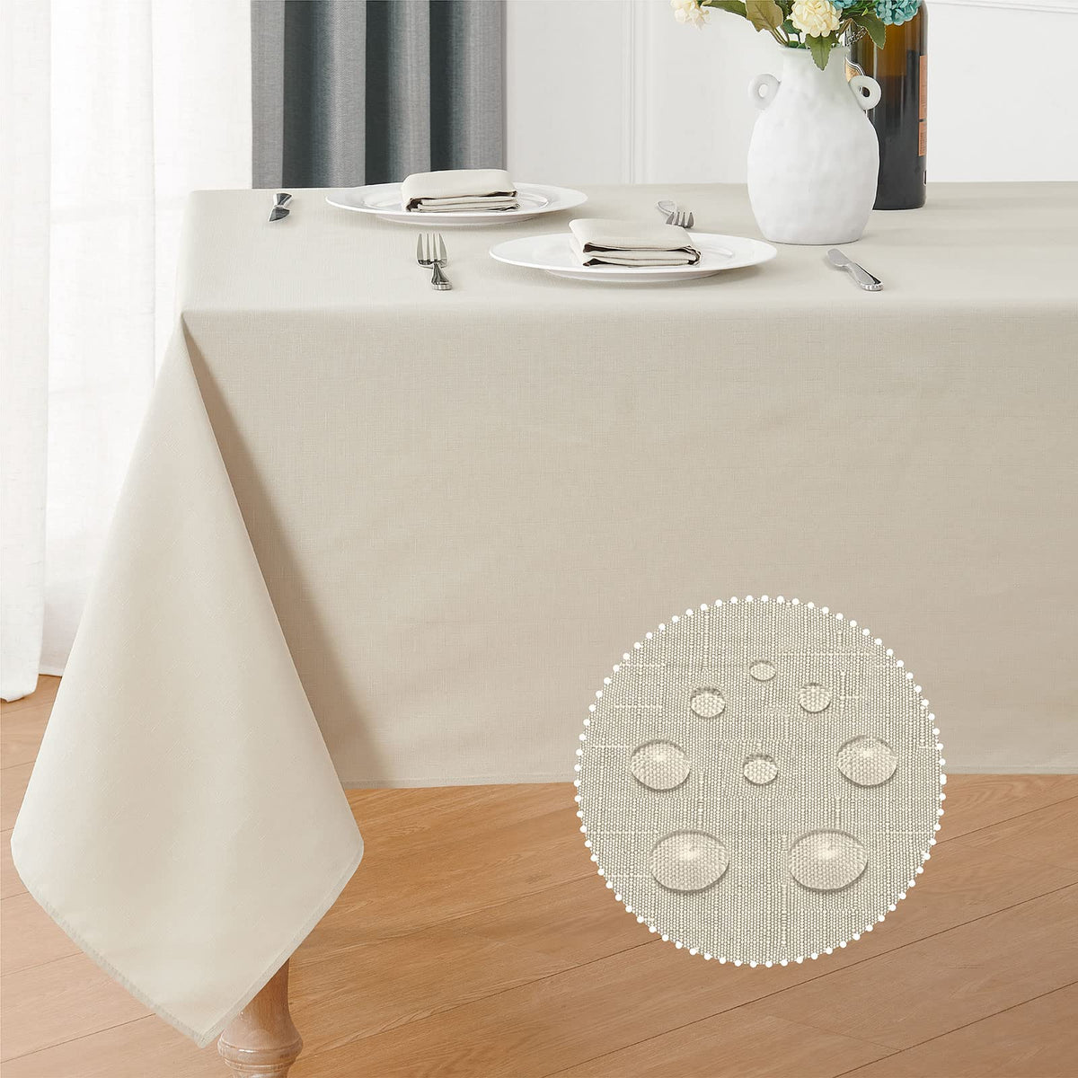 Veblandy beige rectangle tablecloth front view showcasing full coverage and elegant look