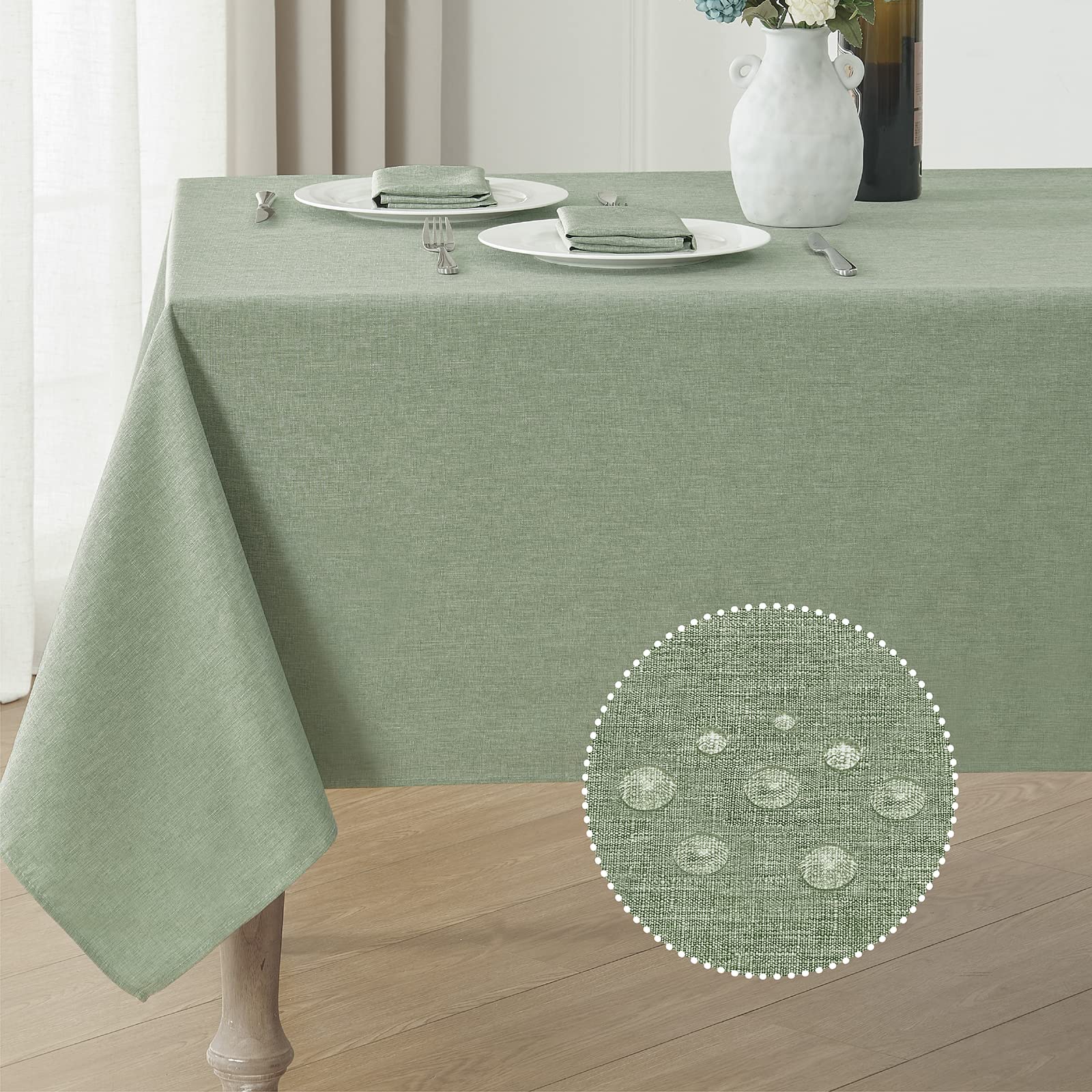 Veblandy front view of sage rectangle tablecloth showcasing clean look and protection