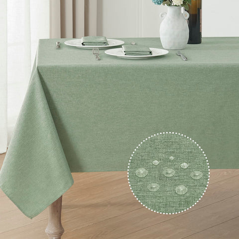 Veblandy front view of sage rectangle tablecloth showcasing clean look and protection