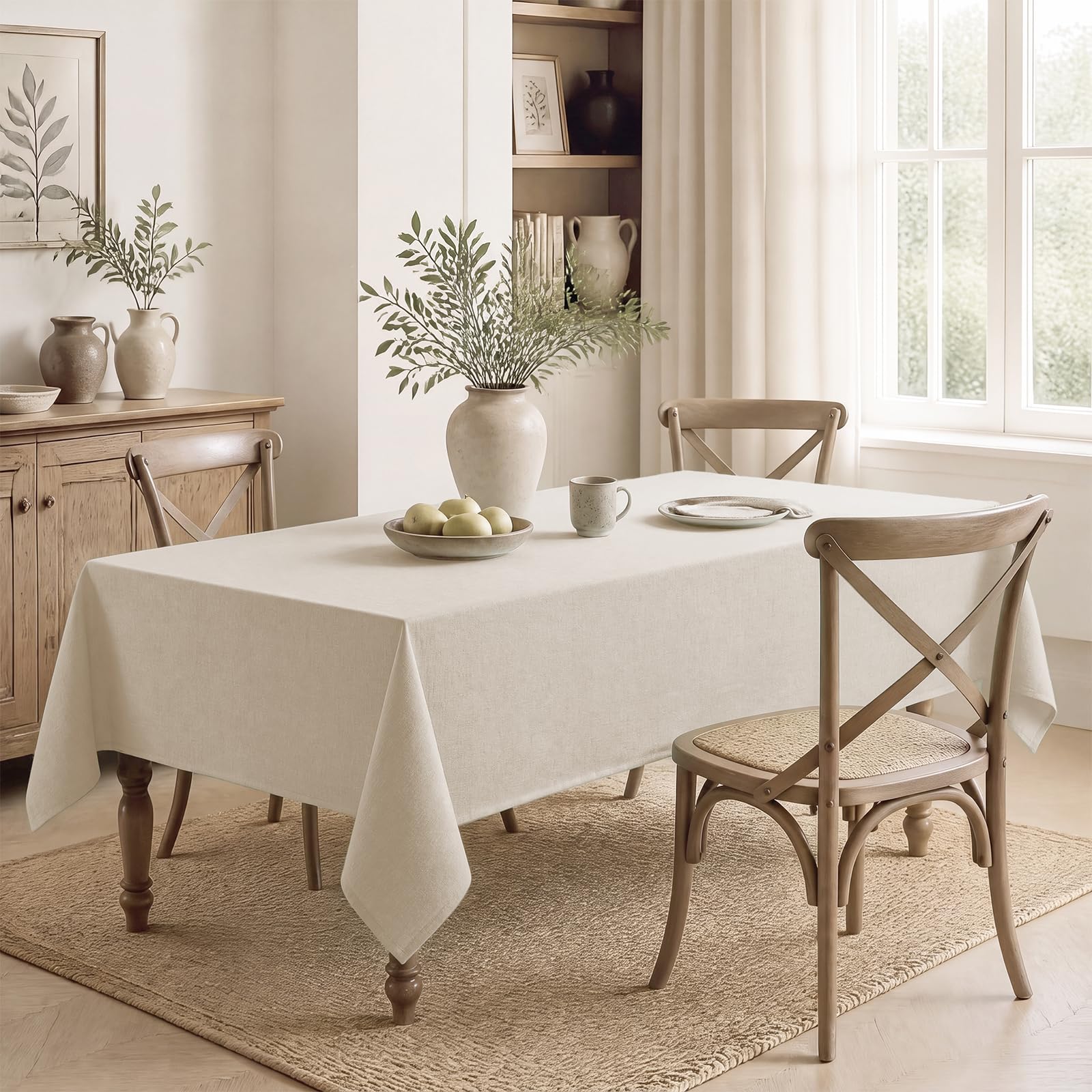 Veblandy 60x144 tablecloth on long table showing scale and generous drop for 12–14 seating