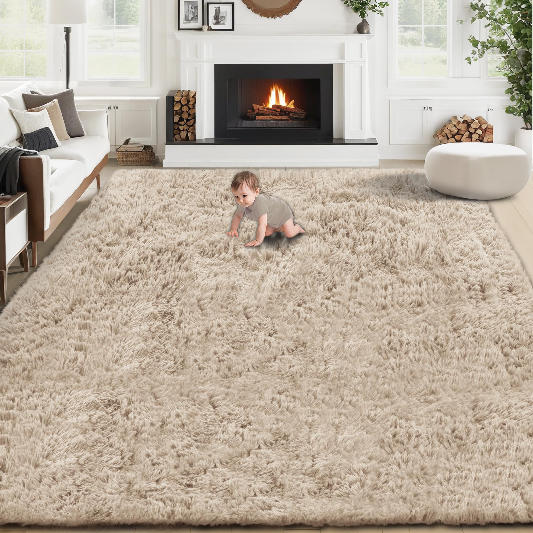 VECARF camel shag rug front view showing plush surface and warm tone benefit comfort