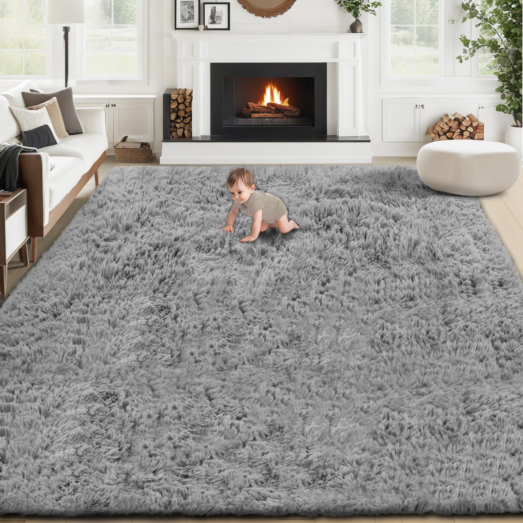 VECARF front view of full 8x10 grey rug showing modern style and coziness
