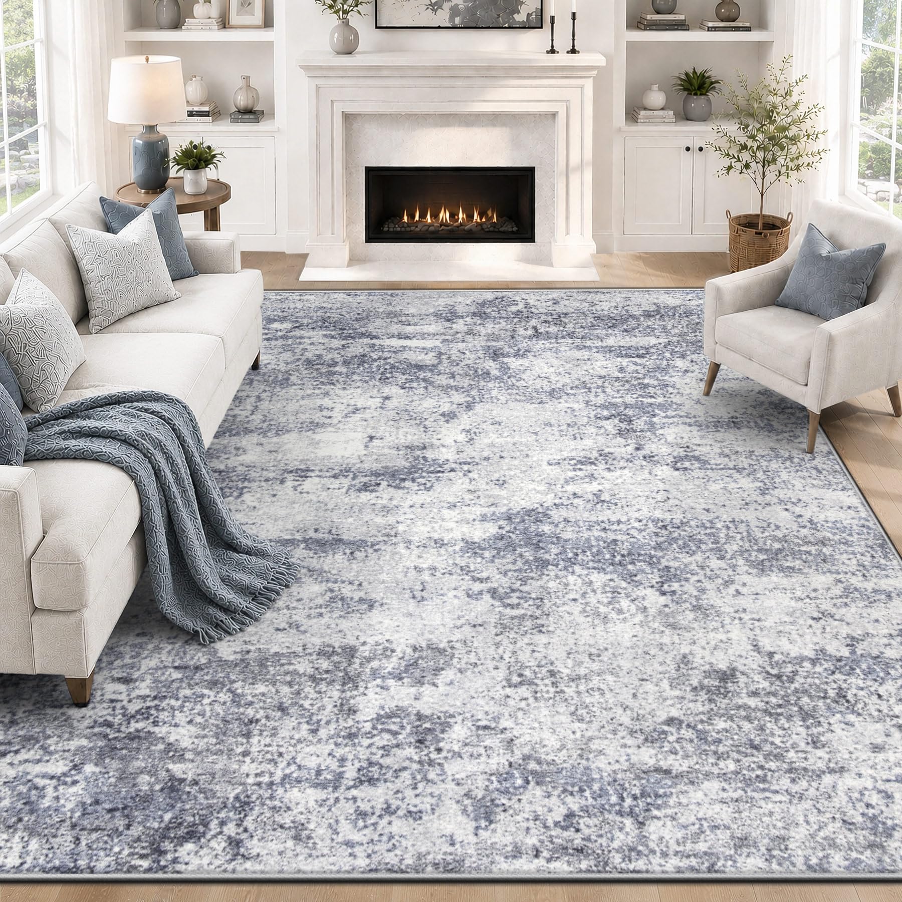 VECARF front view of 8x10 blue grey rug showing modern pattern and balance