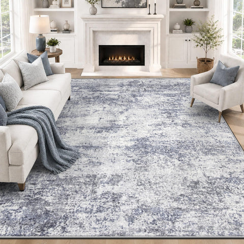 VECARF front view of 8x10 blue grey rug showing modern pattern and balance