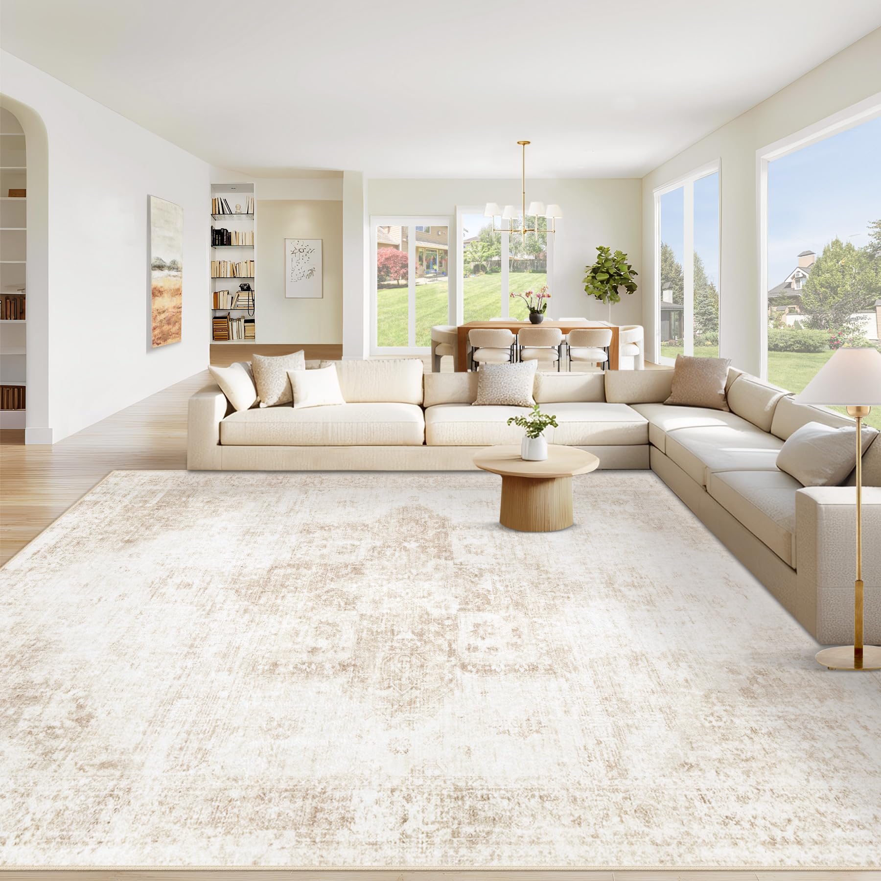 VECARF front view of beige 8x10 rug showing vintage medallion pattern and warm tones for style