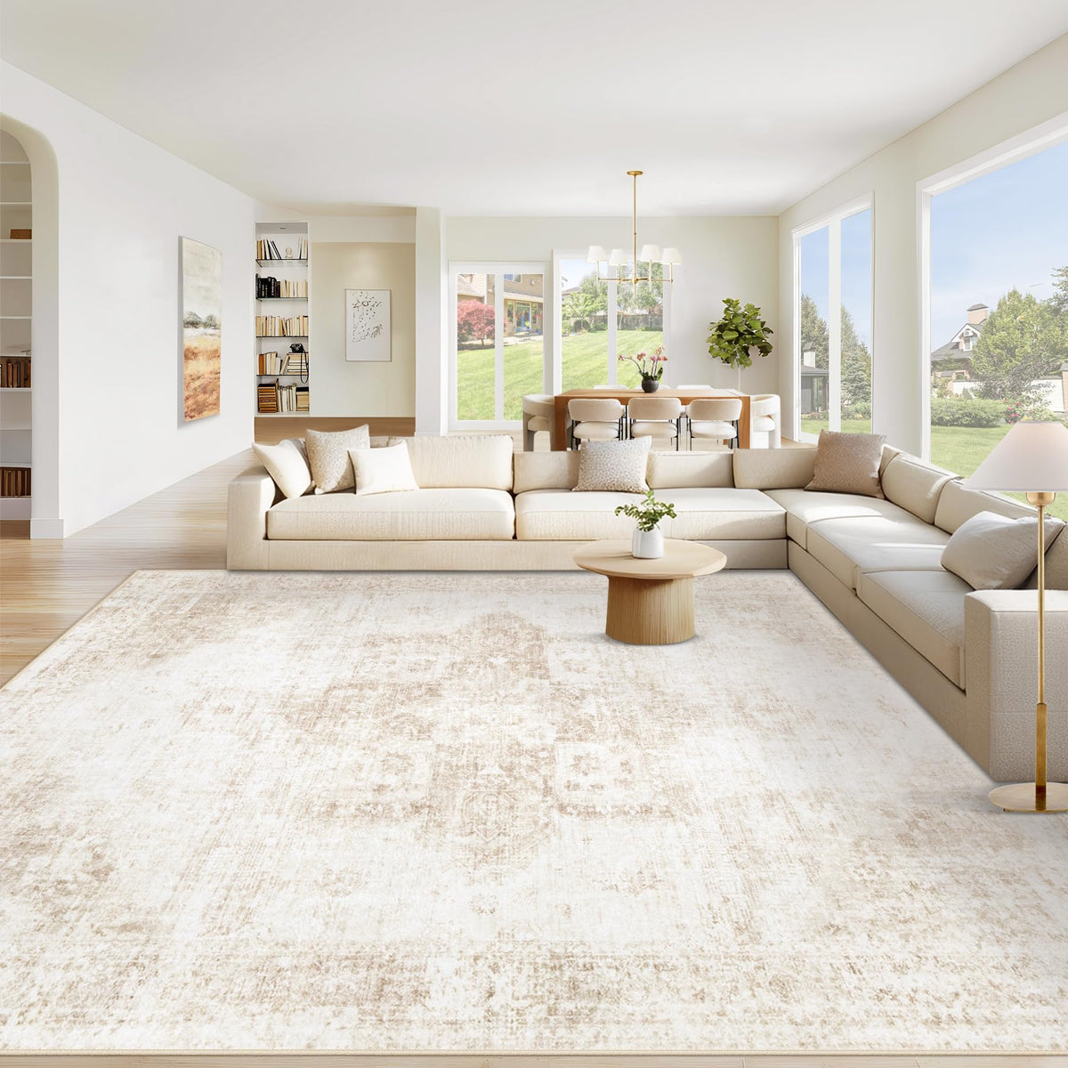 VECARF front view of beige 8x10 rug showing vintage medallion pattern and warm tones for style