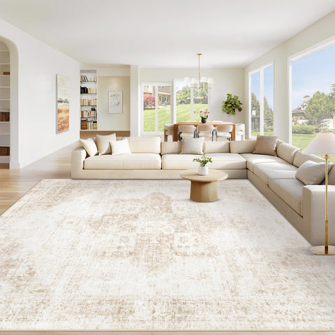 VECARF front view of beige 8x10 rug showing vintage medallion pattern and warm tones for style