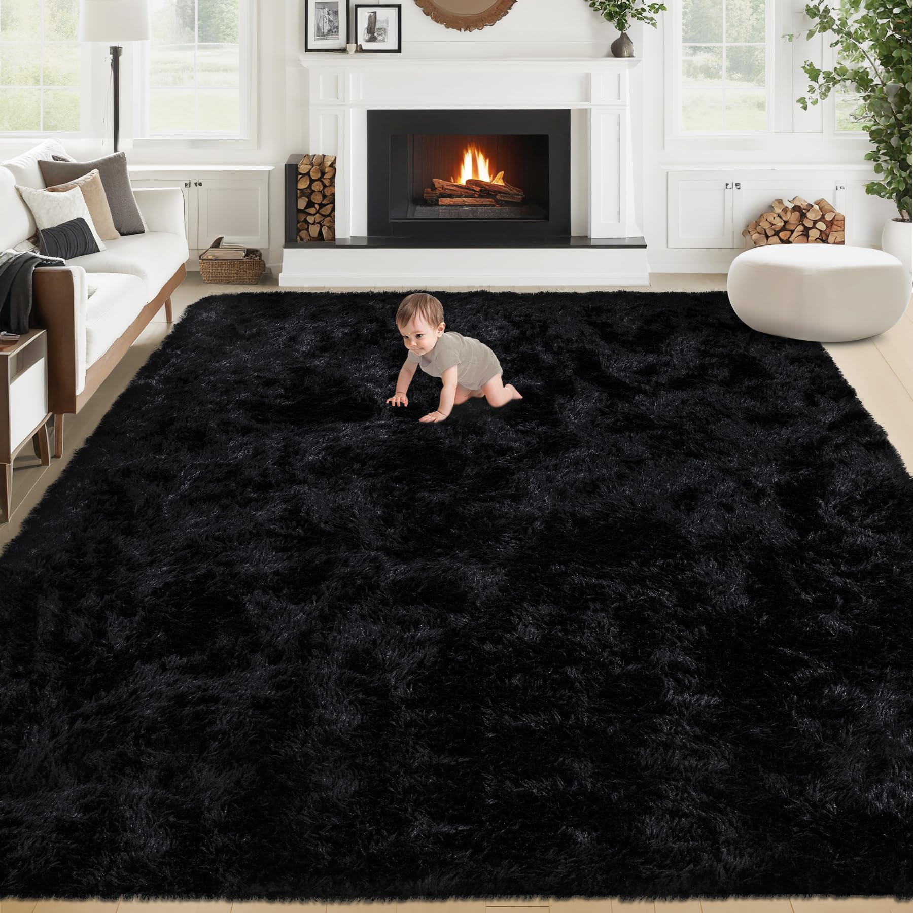VECARF front view of 8x10 black shag rug showing plush surface and modern look