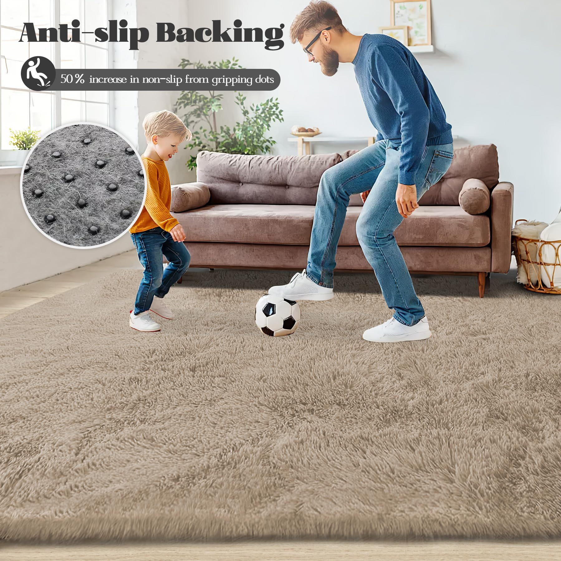 VECARF rug beside sofa showing scale and how it anchors furniture for cohesion