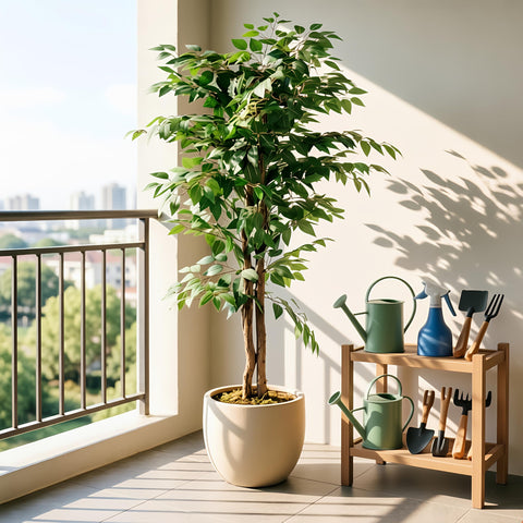 VECELO faux ficus staged in living room delivering instant greenery without maintenance