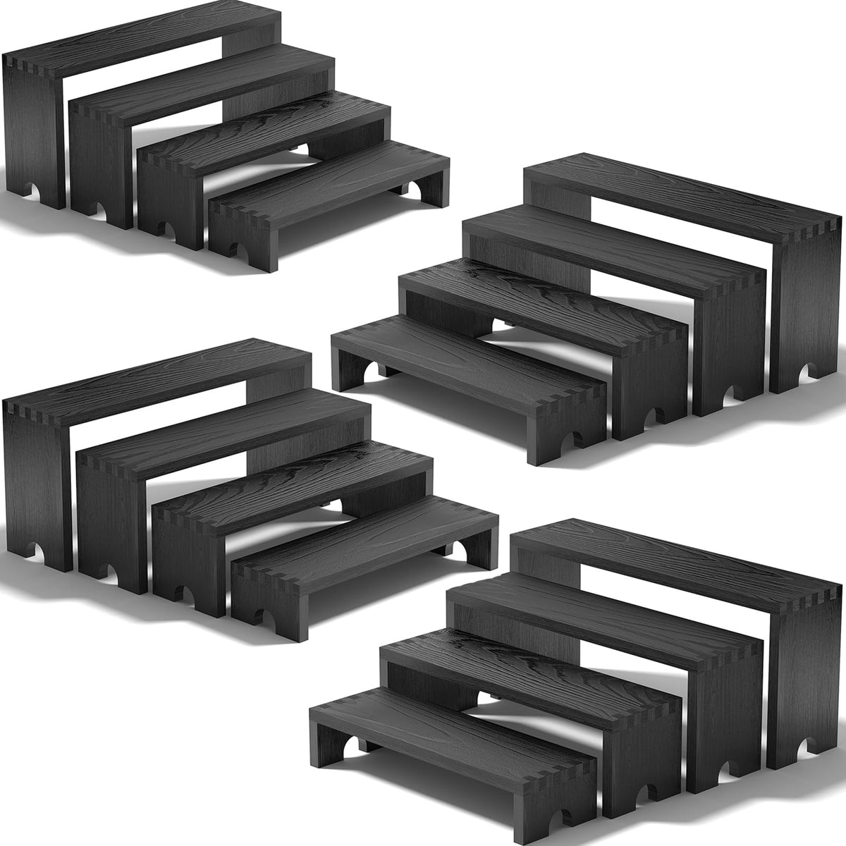 Vecxoty front view of black tiered riser showing ready-to-use setup and tidy display benefit